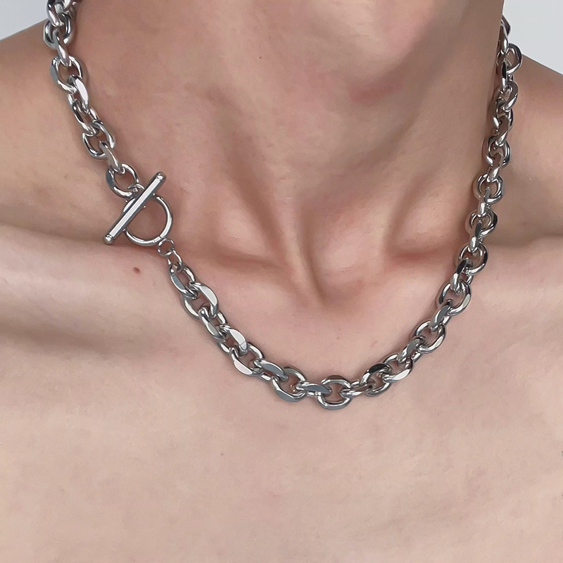 简约港风个性嘻哈朋克街头粗链条镂空OT扣项链男女情侣ins锁骨链