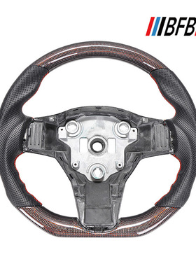 适用于特斯拉Model 3 Y 红色碳纤维黑色打孔皮红色缝线方向盘改装