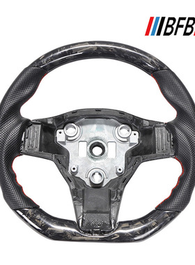 适用于特斯拉Model 3 Y 大理石锻造黑色打孔皮红色缝线方向盘改装