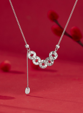 轻奢缎带五帝钱锁骨链女度假风