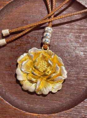 中式复古牡丹花银质缎带项链