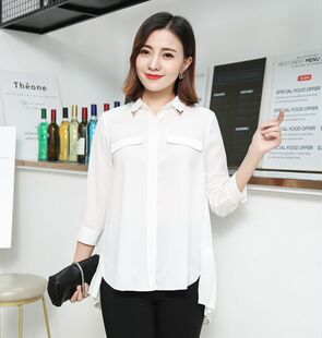 雪纺新款女七分袖仙气甜美超仙衬衣女仙女范白色衬衫女时尚洋气