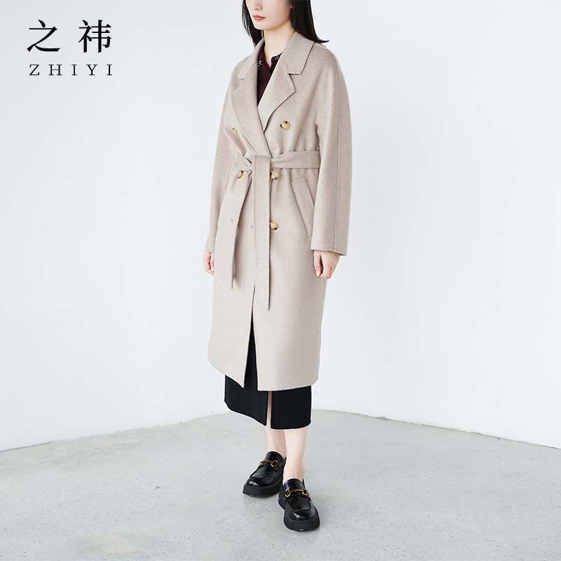 之祎ZHIYI  法式燕麦色水波纹羊绒羊毛翻领廓形秋冬长款大衣外套