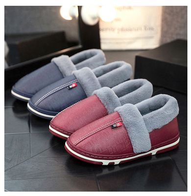 防水棉拖鞋女冬季月子家居防滑厚底家用棉鞋加绒包跟PU皮面拖鞋男