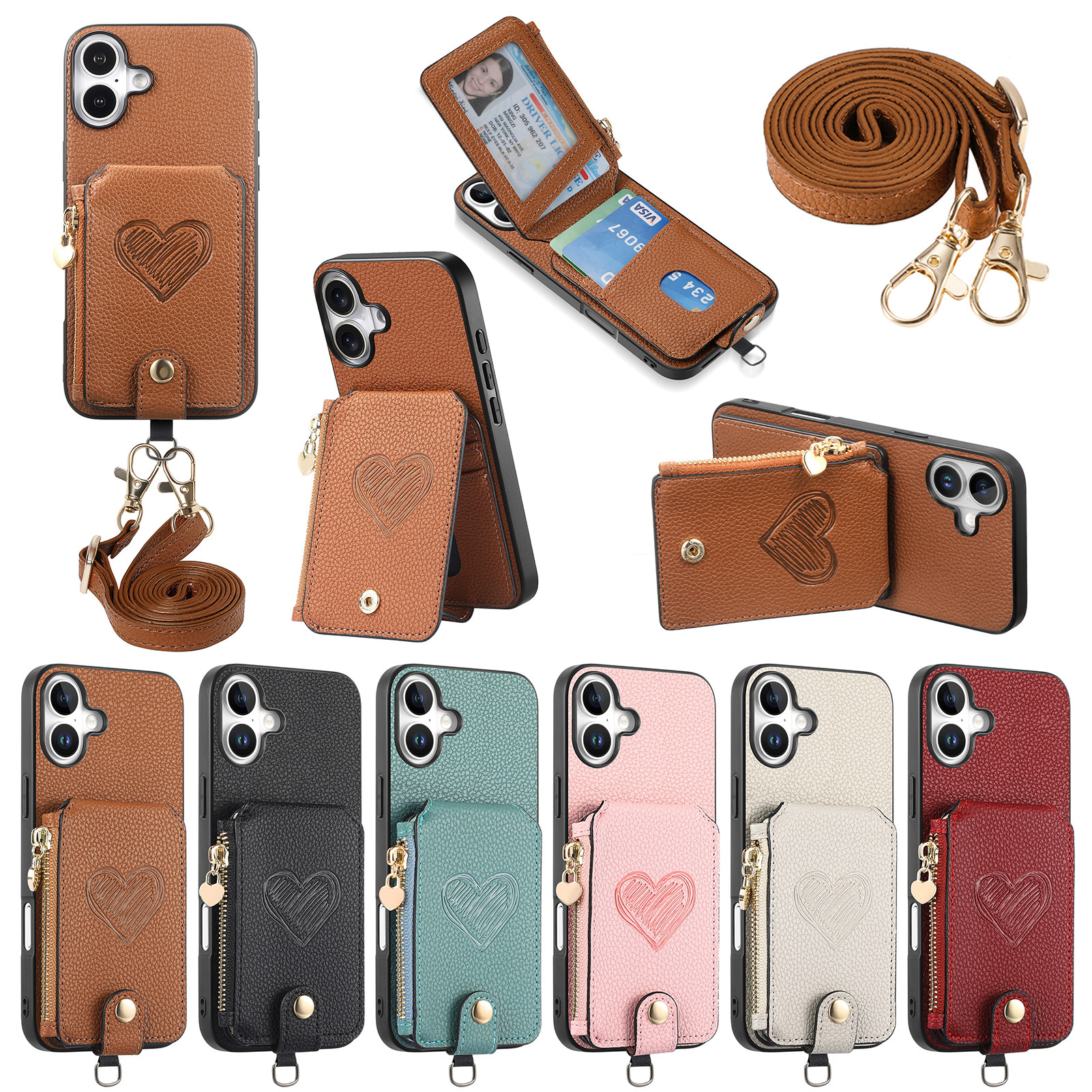 17爱心带卡包适用于苹果17手机壳可背斜挎iPhone16promax零钱包15plus挂绳挂脖14卡包12可放卡13卡套保护套