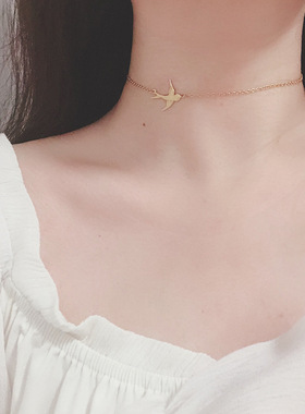 XL449 钛钢欧美燕子飞燕飞鸟颈链choker脖链项链锁骨链 镀18K金