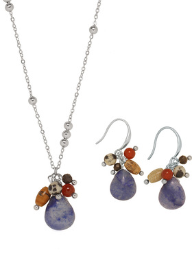 天然石蓝东陵水滴果实红玉髓复古彩色项链耳环套装钛钢ED221