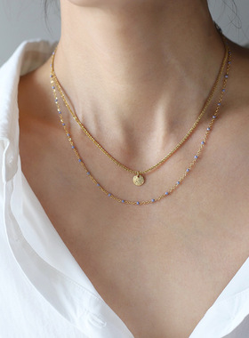 古巴双层项链紫豆钛钢