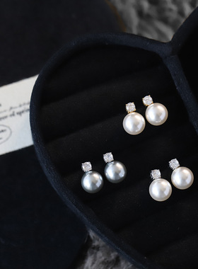 ED214 经典锆石简约大方灰色珍珠耳钉 轻奢气质耳饰香水瓶 钛钢