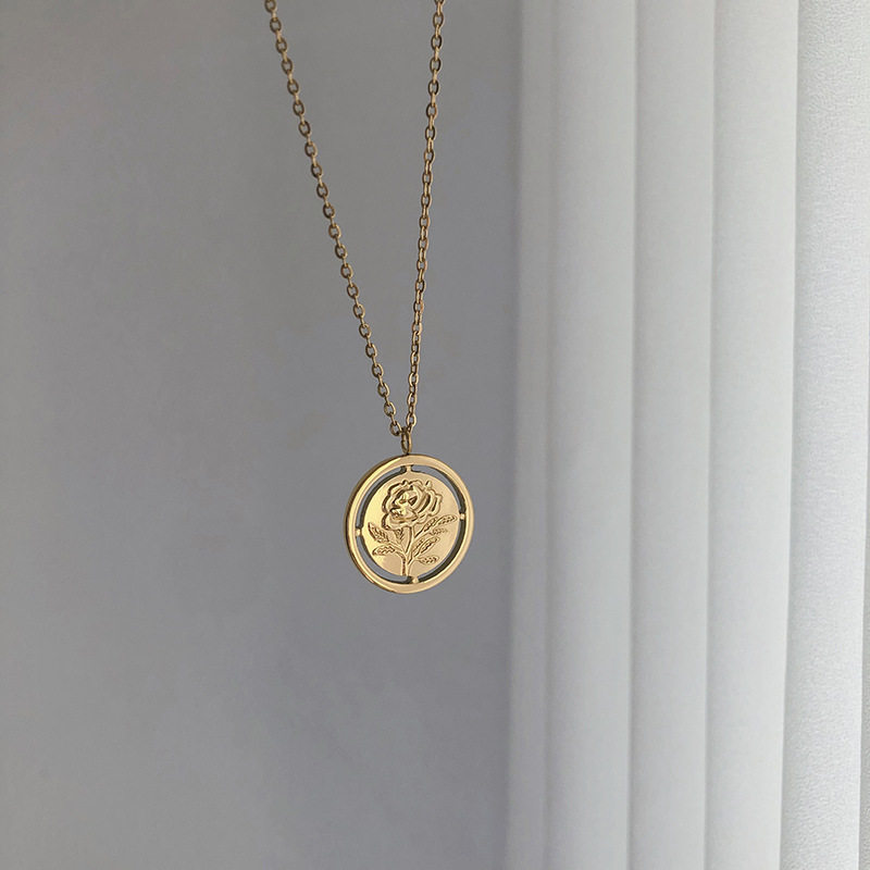 法式立体花朵镂空玫瑰花项链中款叠戴饰品 钛钢 XL049
