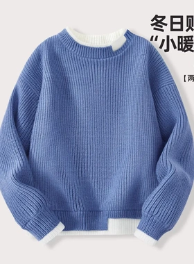 男童毛衣新款加绒秋冬款男孩上衣蓝色假两件打底衫儿童针织毛线衣