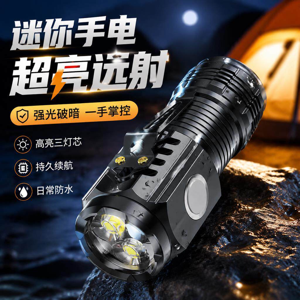 微型防水手电筒2026新款强光超亮迷你爆闪三眼小怪兽小型便携夹灯