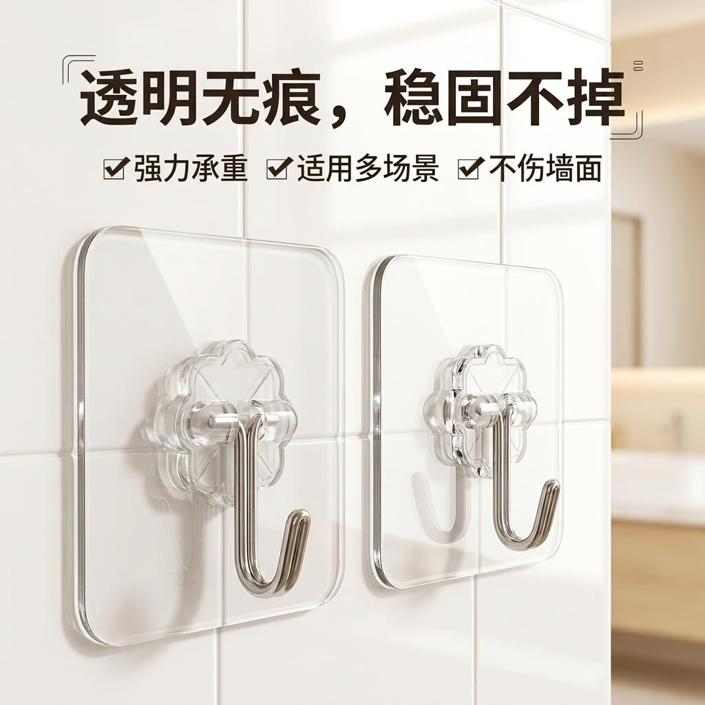 透明挂钩强力粘胶家用亚克力免打孔无痕钩强承重防水壁挂收纳神器