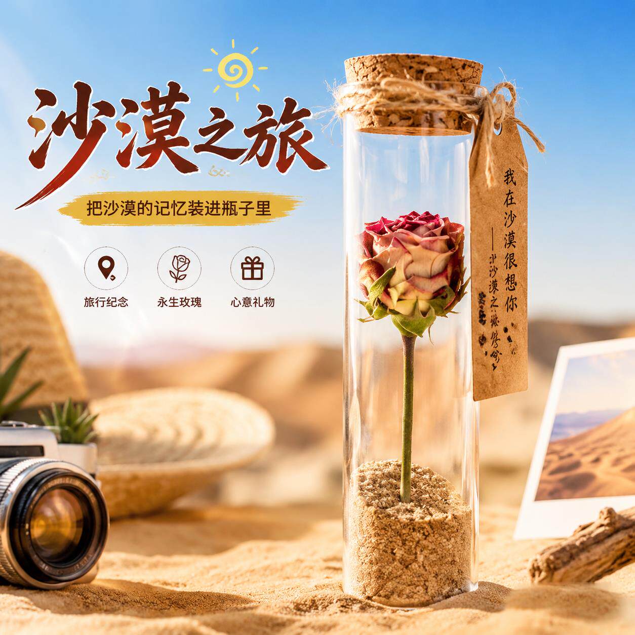 装沙子的玻璃瓶玫瑰真干花试管标本许愿瓶摆件外出旅行沙漠纪念瓶
