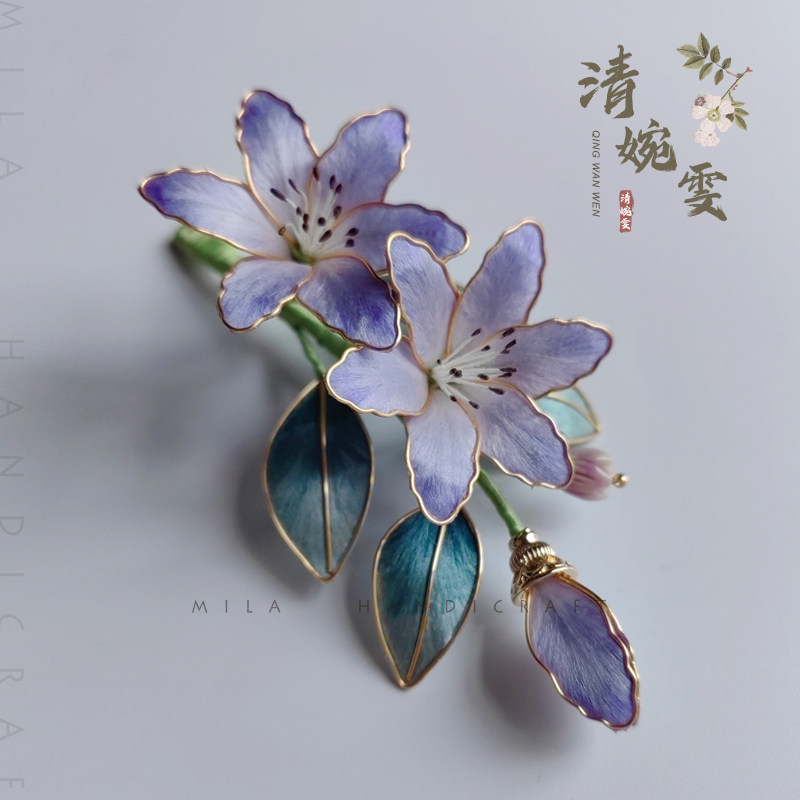 原创非遗绒花掐丝百合发夹