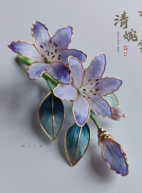 原创非遗绒花掐丝百合发夹