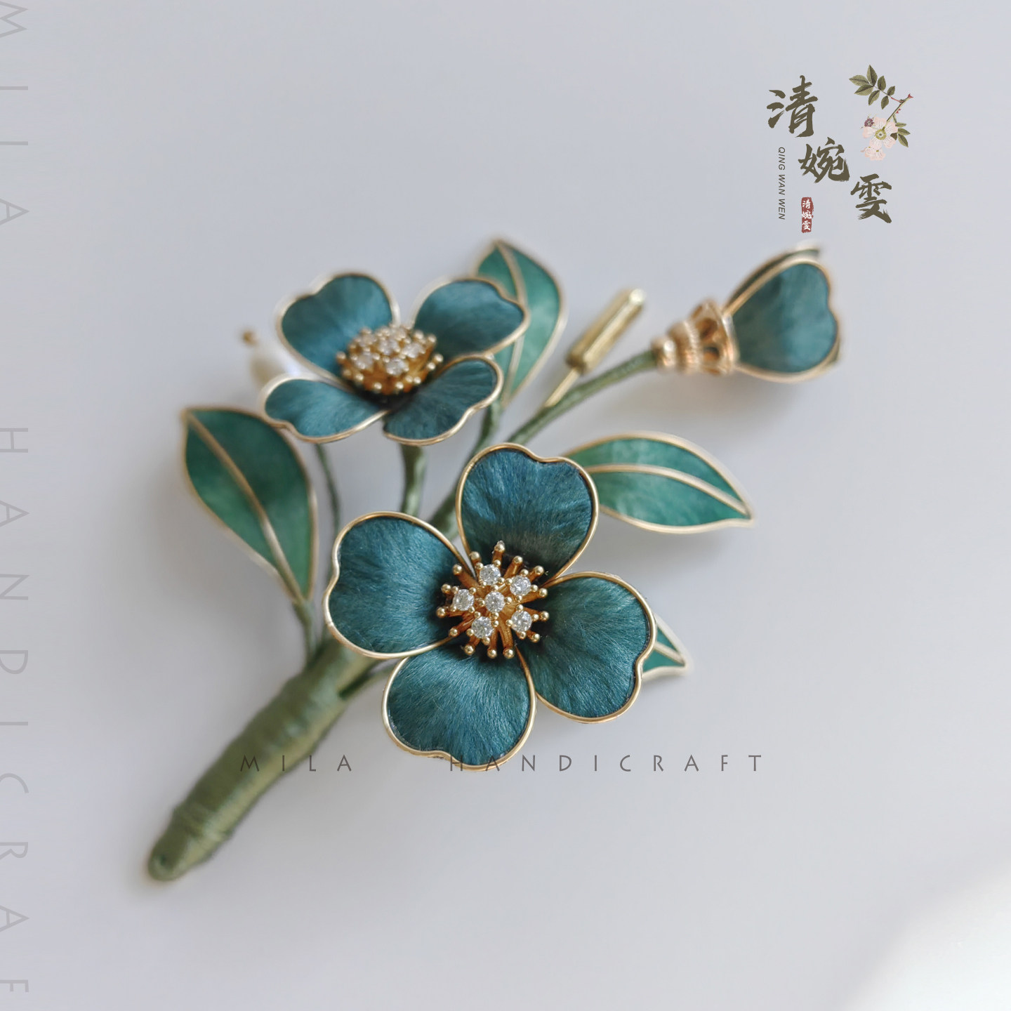 清婉雯掐丝绒花四叶草胸针