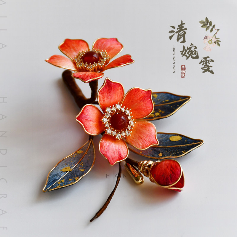 清婉雯『春归』原创掐丝绒花木棉花胸针手工文艺范复古别针小众