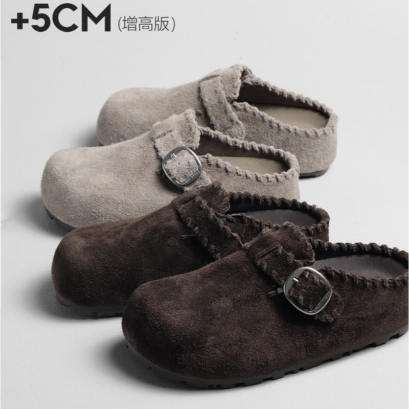 摩卡色复古内增高真皮勃肯鞋女2025秋季新款小个子厚底包头半拖鞋