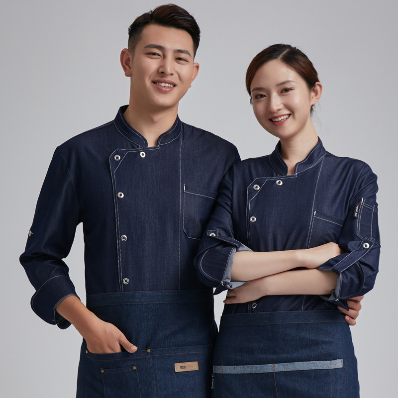 个性时尚厨师工作服男长袖秋冬装餐厅饭店后厨房烘焙女服务员定制