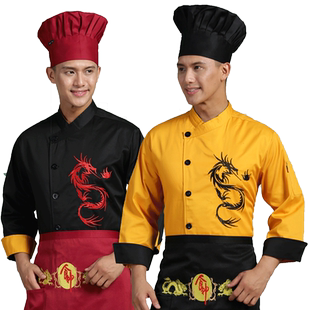 酒店厨师工作服长袖秋冬食堂餐饮后厨房厨师长绣龙中国风黑色工衣