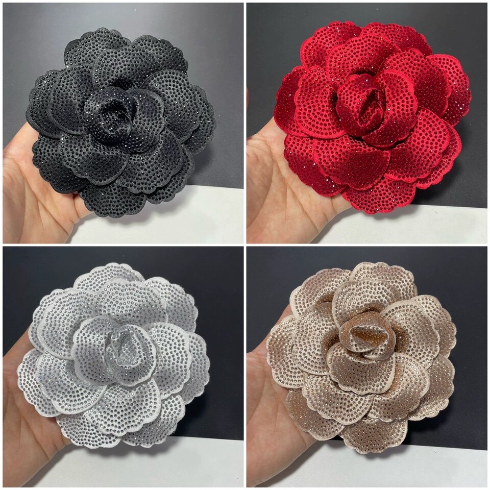 14cm新款高端真丝面料烫钻花山茶花小香花饰品胸花头夹加胸针发夹