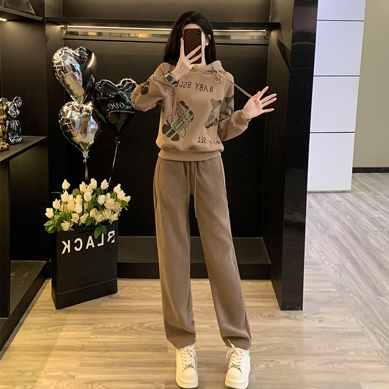 加绒连帽长袖卫衣运动套装女秋冬季新款百搭休闲宽松直筒裤俩件套