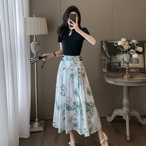 国风修身短袖套装女夏季新款新中式时尚雪纺百褶马面半身裙俩件套