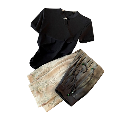 国风短袖套装女马面半身裙俩件套