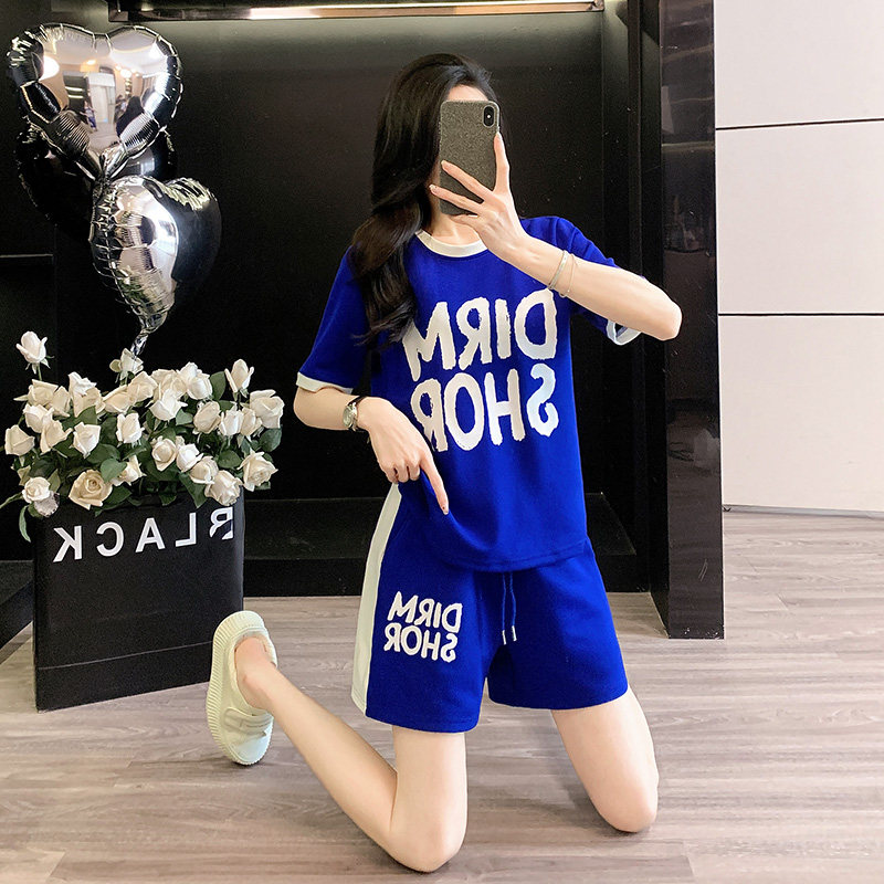 休闲撞色短袖t恤运动套装女夏季新款宽松显瘦洋气减龄短裤两件套
