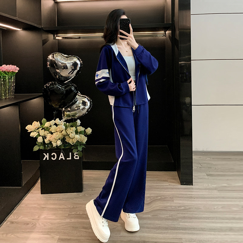 休闲连帽拉链外套运动套装女春秋季新款时尚宽松卫衣阔腿裤两件套