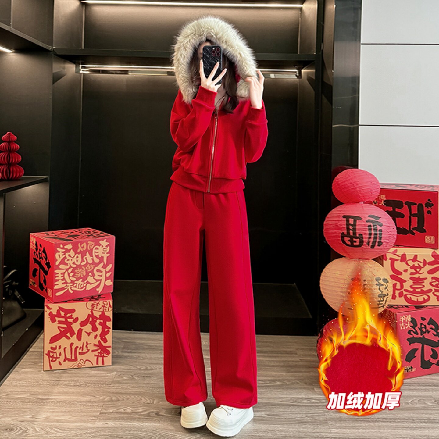 加绒外套运动套装女阔腿裤两件套