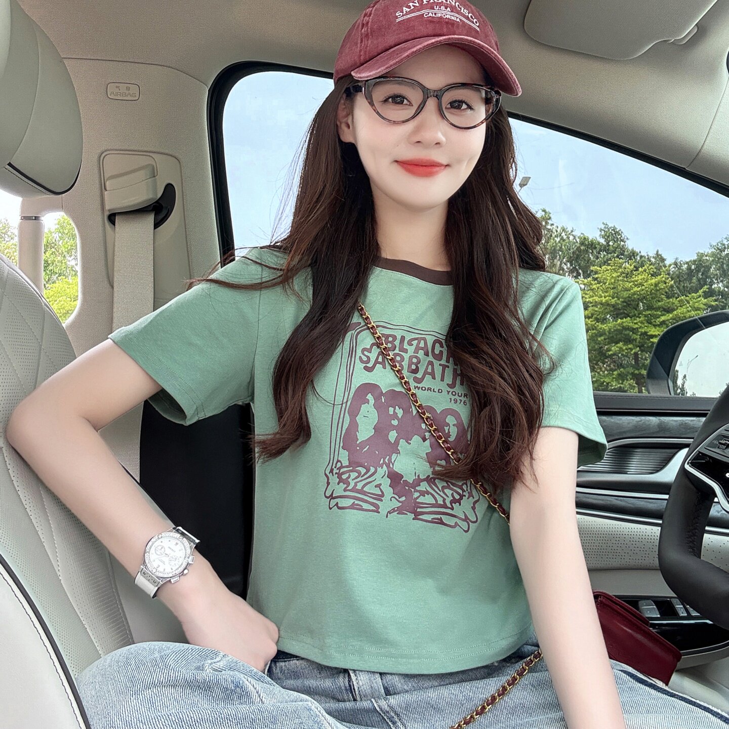 复古正肩短款印花短袖T恤女夏季新款撞色休闲修身显瘦半袖衫上衣