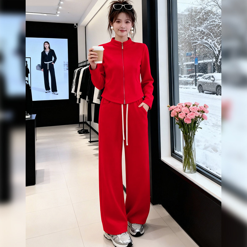 红色拉链短款外套运动套装女秋冬季新款休闲时尚宽松阔腿裤两件套