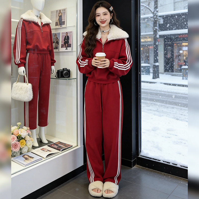 毛领立领卫衣运动套装女秋冬季新款时尚减龄宽松显瘦阔腿裤两件套