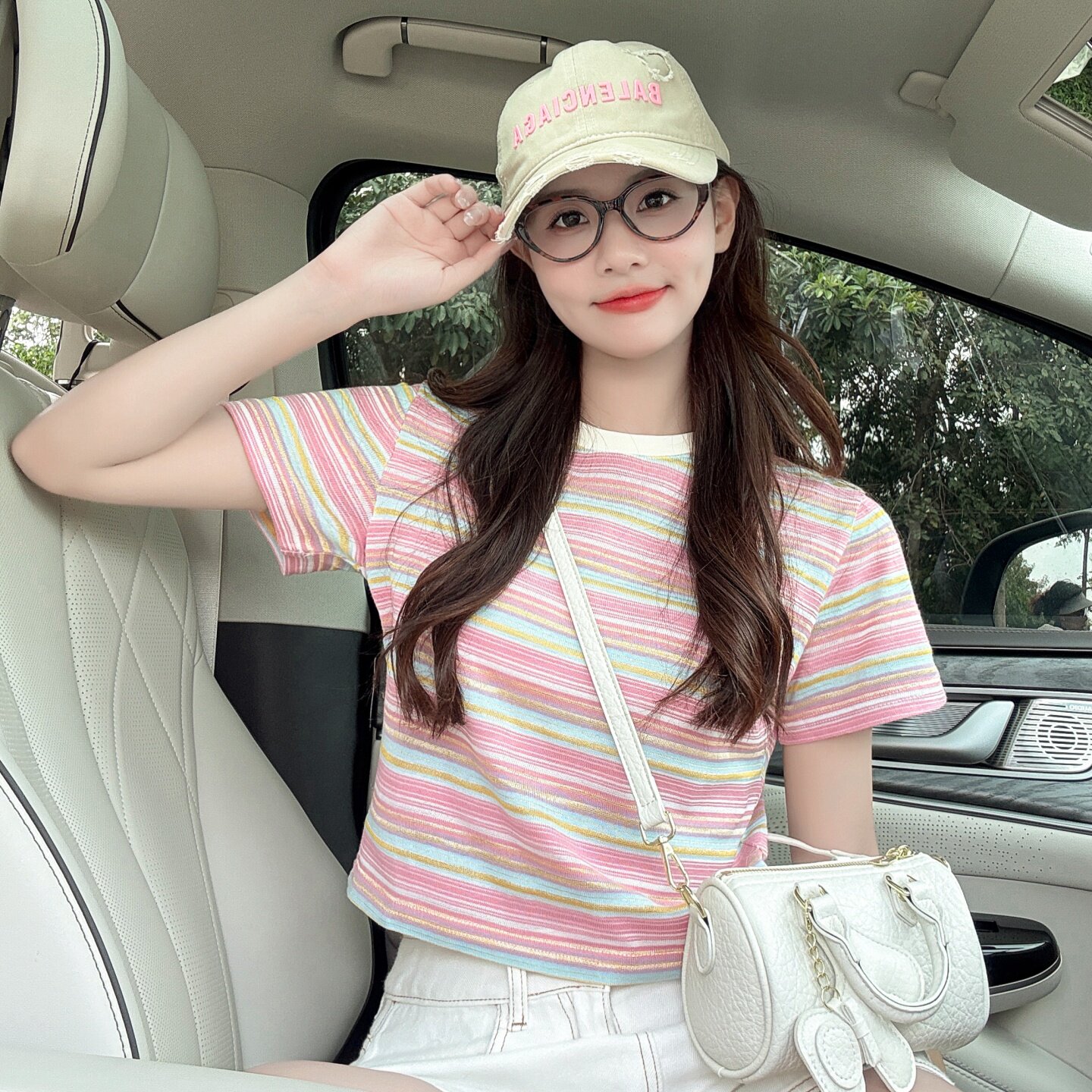 条纹撞色短款正肩短袖T恤女夏季新款休闲宽松显瘦百搭半袖衫上衣