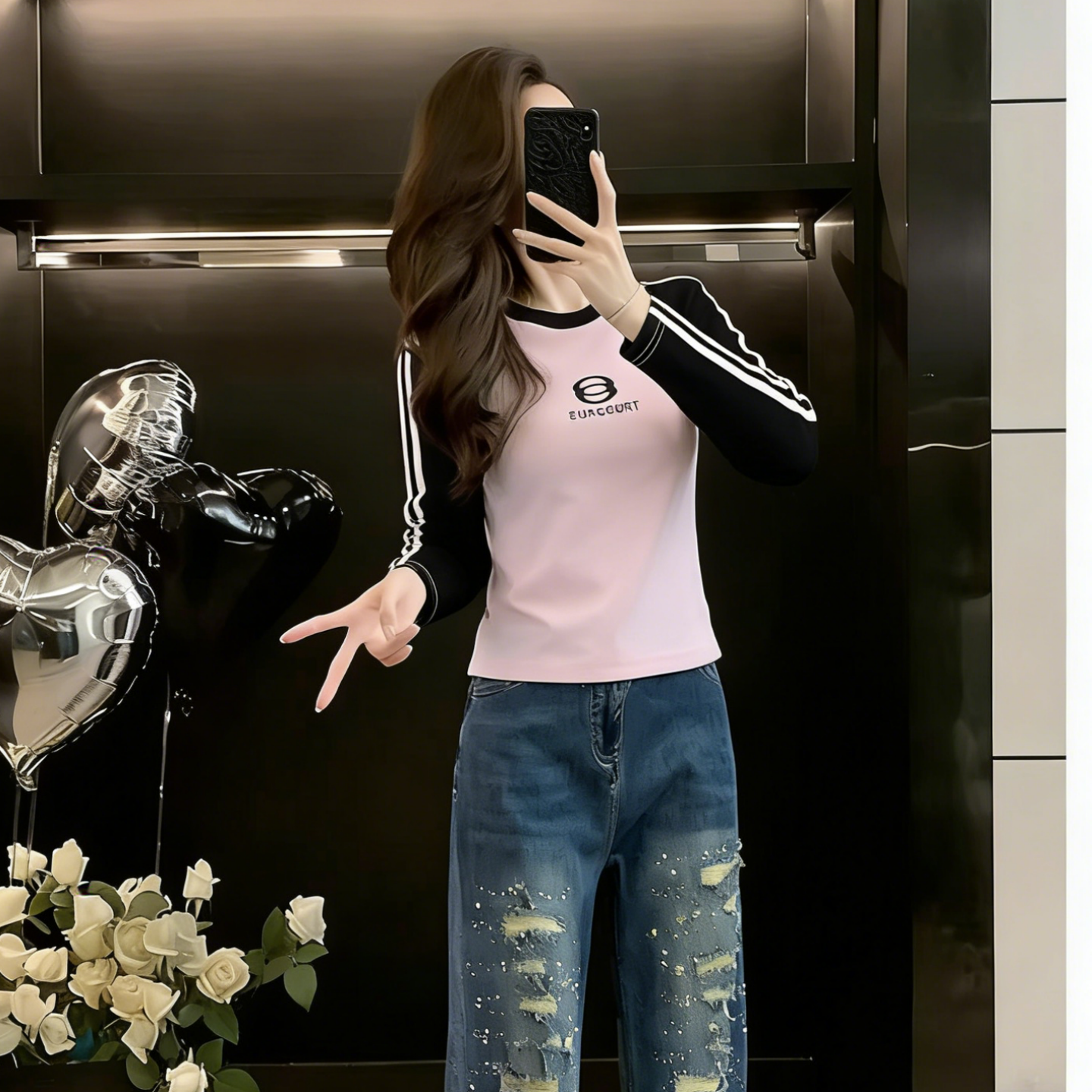 撞色条纹紧身短款长袖t恤女春季新款设计感修身显瘦打底衫上衣潮