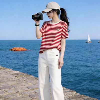 休闲风条纹短袖T恤女半袖衫上衣