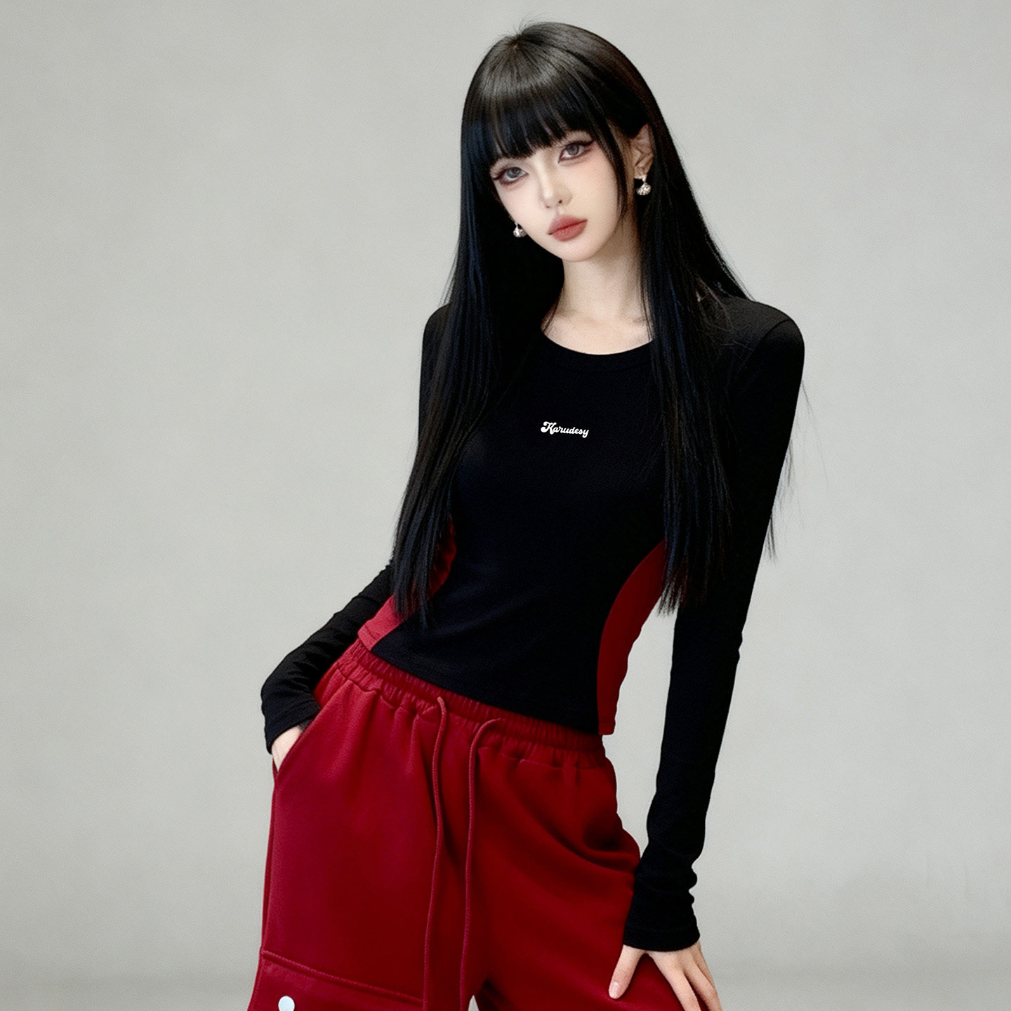 刺绣撞色短款长袖T恤女秋冬季新款酷感风修身显瘦辣妹打底衫上衣