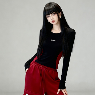 刺绣撞色短款长袖T恤女秋冬季新款酷感风修身显瘦辣妹打底衫上衣