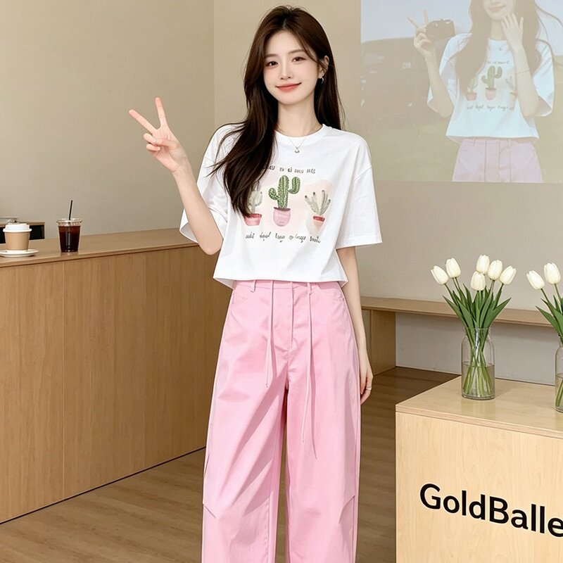 慵懒风仙人掌印花短袖T恤女夏季新款休闲宽松显瘦百搭半袖衫上衣