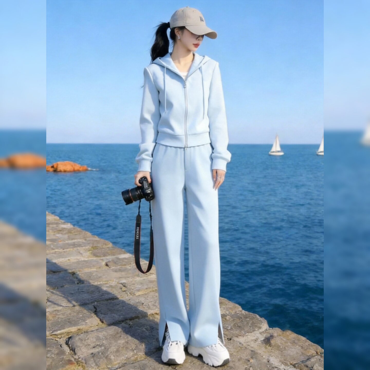 休闲运动风短款连帽外套卫衣套装女春秋季减龄宽松阔腿裤两件套潮