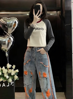 多巴胺风撞色紧身短款长袖t恤女春季新款酷飒街头减龄打底衫上衣