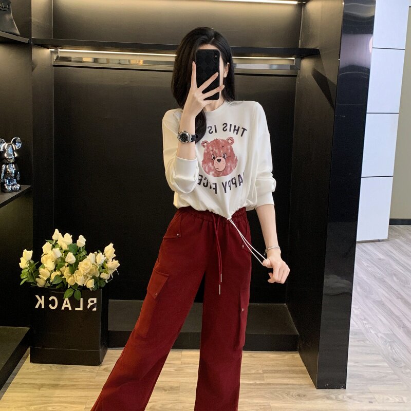 趣味印花字母短款长袖t恤女秋季新款设计感小众休闲宽松抽绳上衣