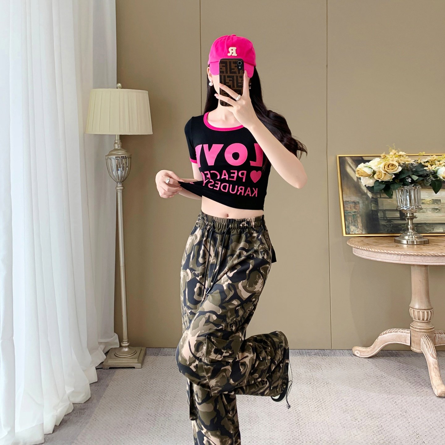 短袖运动套装女迷彩工装裤两件套