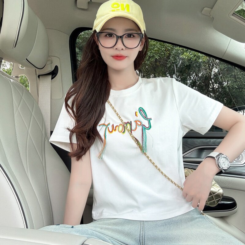 刺绣流苏短款正肩短袖T恤女夏季