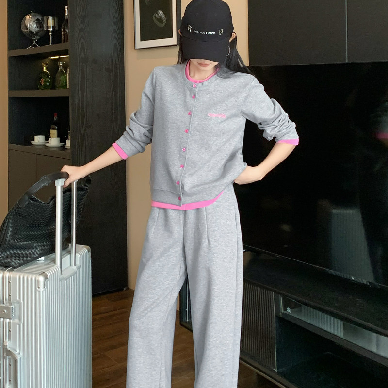 休闲撞色外套运动套装女春秋季新款宽松时尚洋气减龄阔腿裤两件套