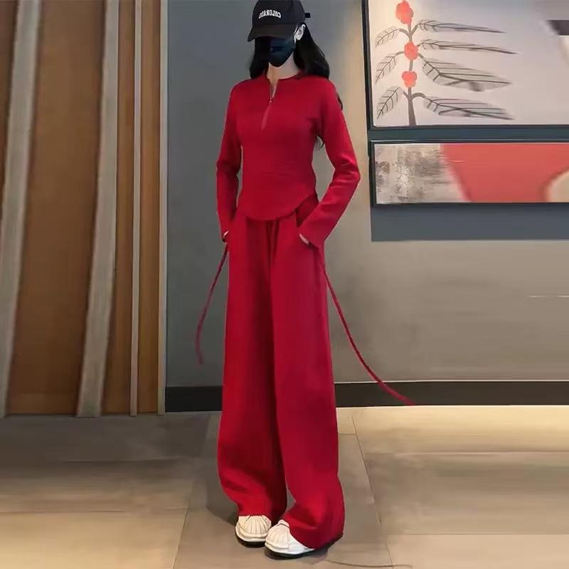 短款长袖运动套装女阔腿裤俩件套