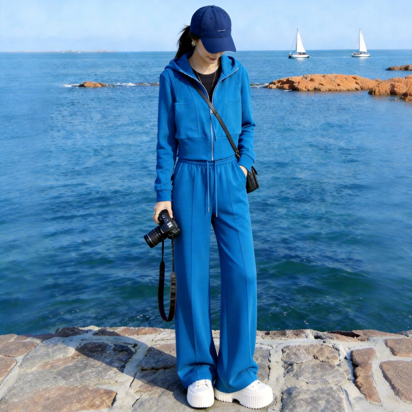 休闲连帽短款外套运动套装女春秋冬季设计感宽松显瘦阔腿裤两件套