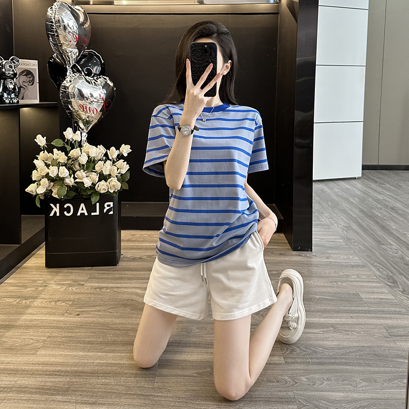 休闲条纹短袖运动套装女夏季新款时尚洋气减龄宽松显瘦短裤两件套